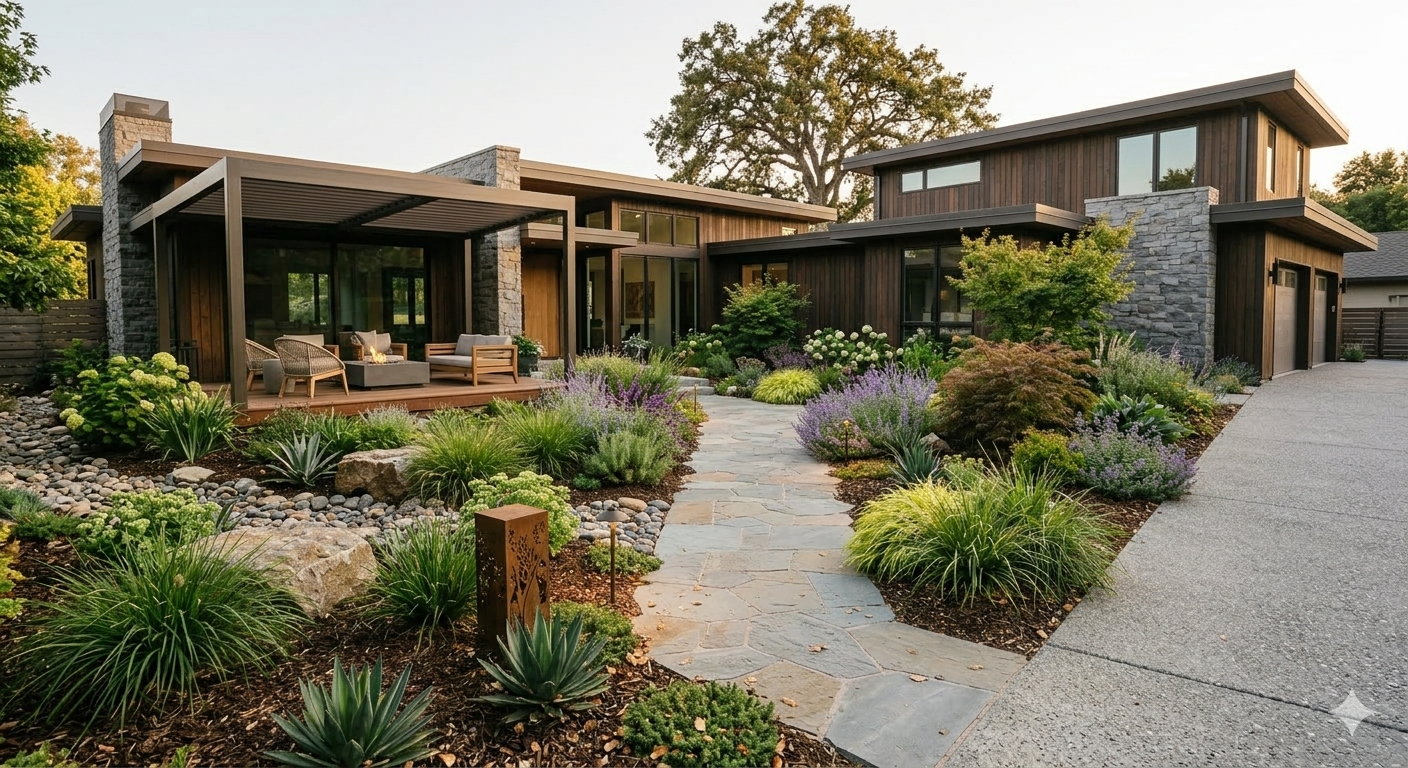 After photo of a La Palma front yard with pavers, gravel, agave planting, and drought-tolerant landscaping