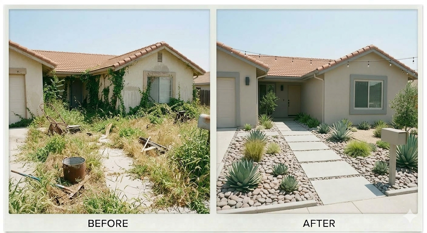 Before and after front yard refresh with pavers and drought-tolerant planting in La Palma