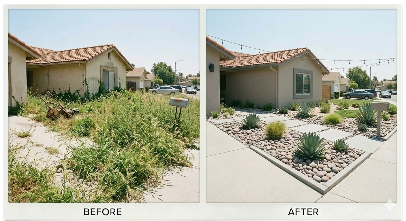 Before and after desertscape upgrade for a La Palma front yard