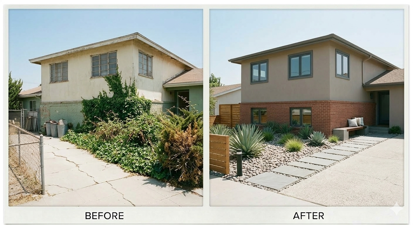Before and after entryway renewal for a La Palma front yard landscape