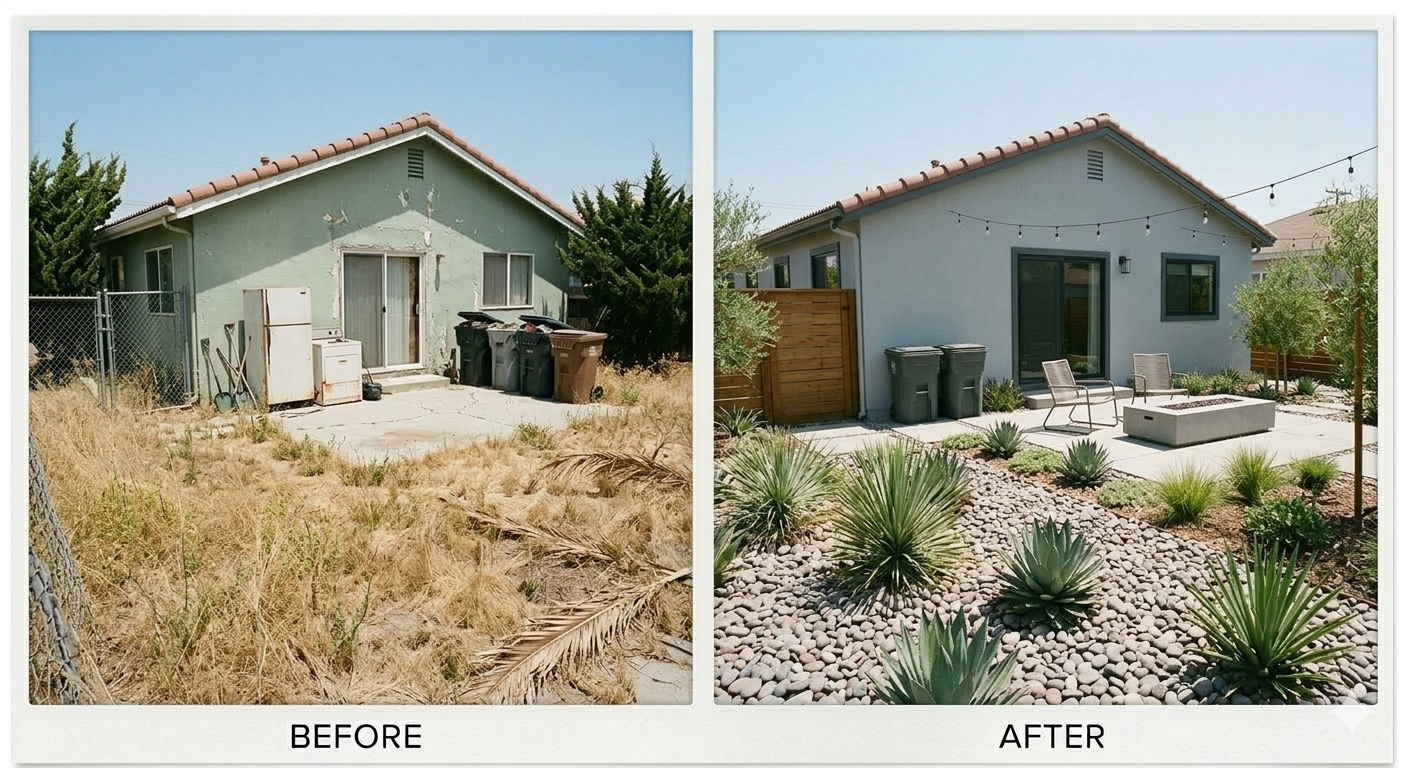 Before and after backyard makeover for a La Palma landscape renovation