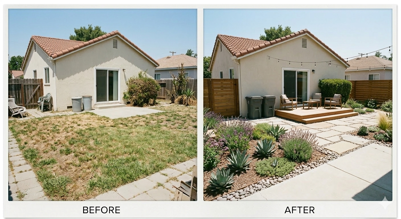 Before and after patio and pathway hardscape project in Orange County