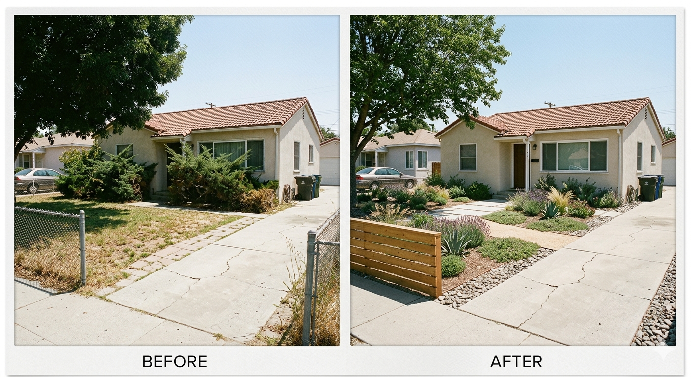 Before and after curb appeal improvement for a La Palma home exterior